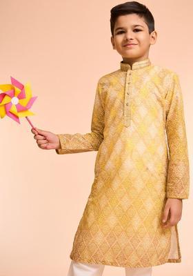 Yellow Woven Design Cotton Kurta Set For Boys