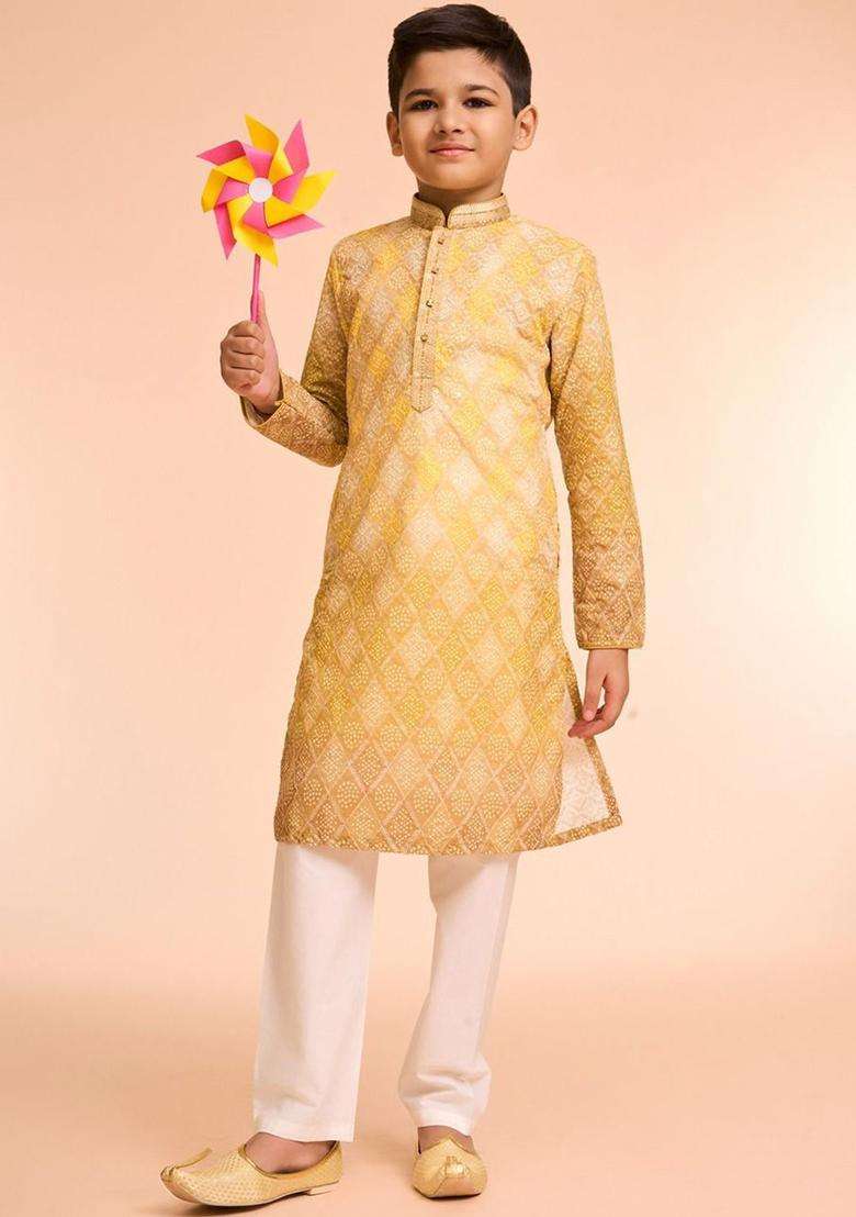 Yellow Woven Design Cotton Kurta Set For Boys - Indya