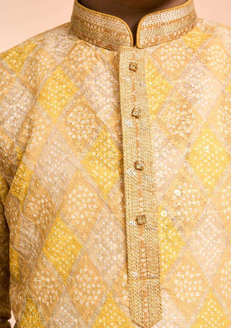 Yellow Woven Design Cotton Kurta Set For Boys - Indya