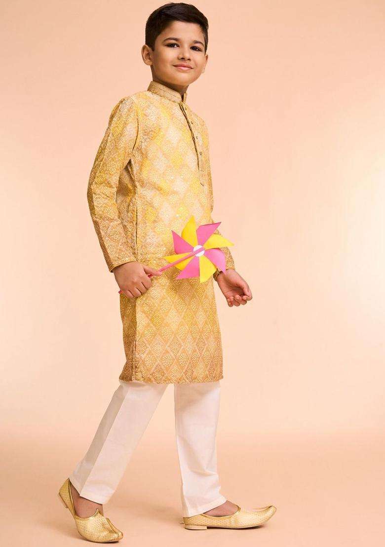 Yellow Woven Design Cotton Kurta Set For Boys - Indya