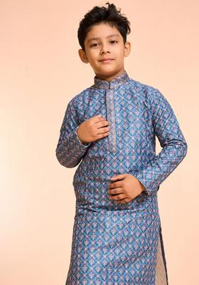Blue Printed Silk Kurta Set For Boys