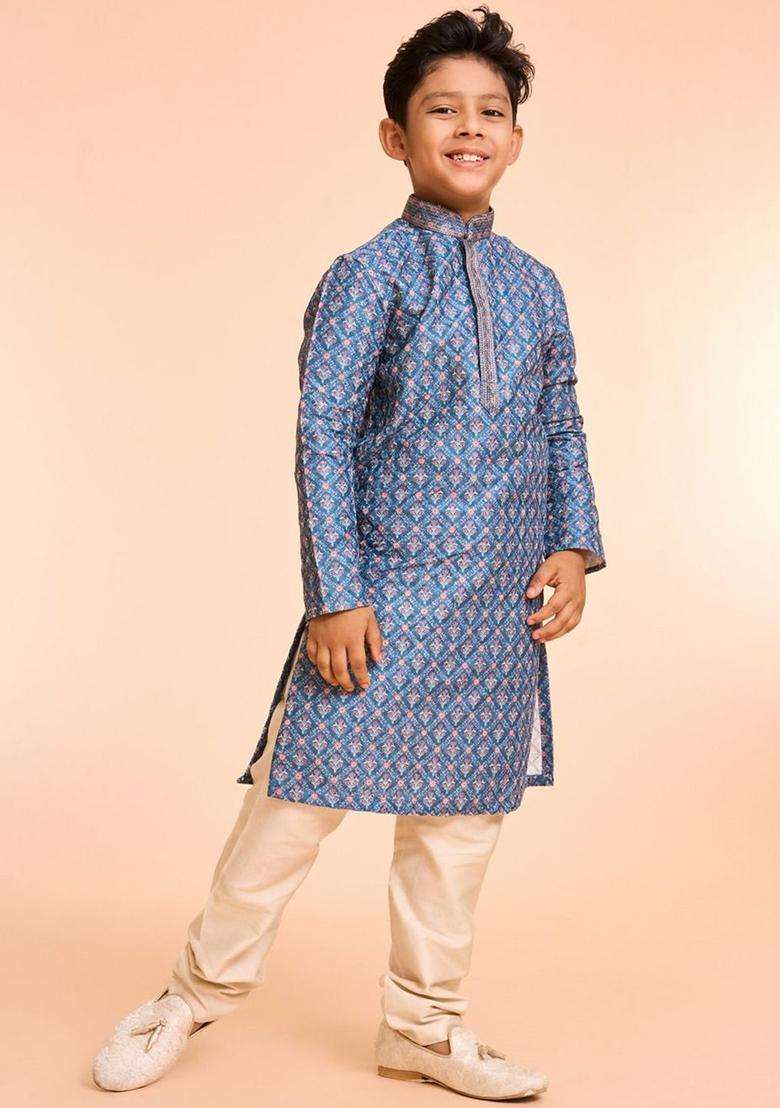 Blue Printed Silk Kurta Set For Boys - Indya