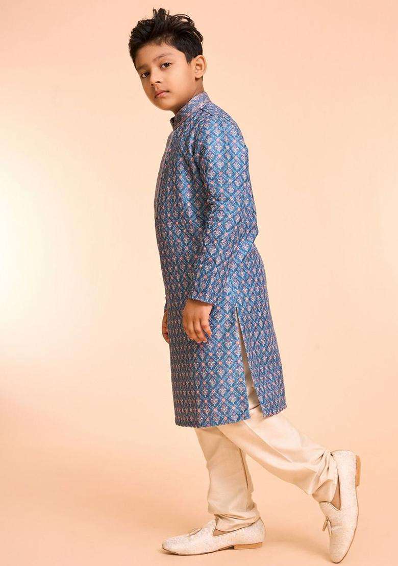 Blue Printed Silk Kurta Set For Boys - Indya