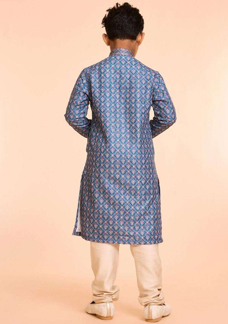 Blue Printed Silk Kurta Set For Boys - Indya