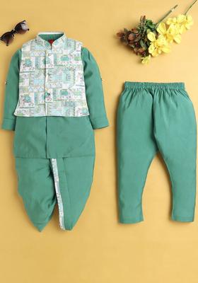 Turquoise Blue Solid Silk Kurta Set For Boys