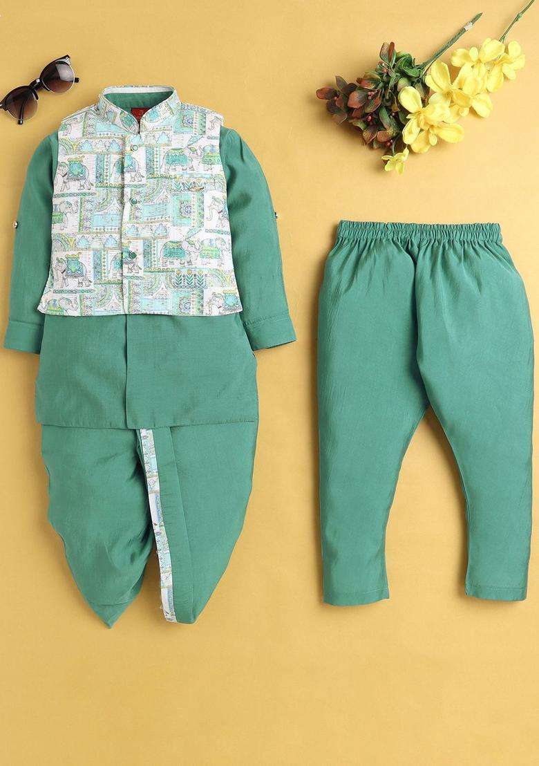 Turquoise Blue Solid Silk Kurta Set For Boys - Indya