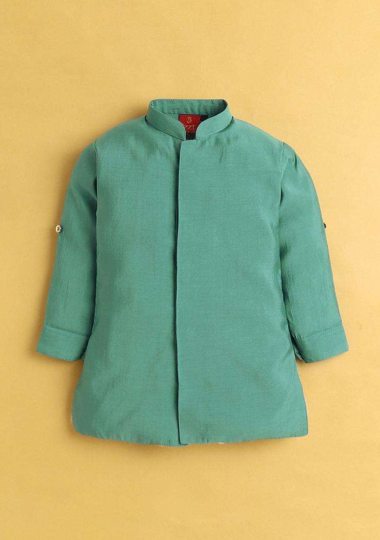 Turquoise Blue Solid Silk Kurta Set For Boys - Indya