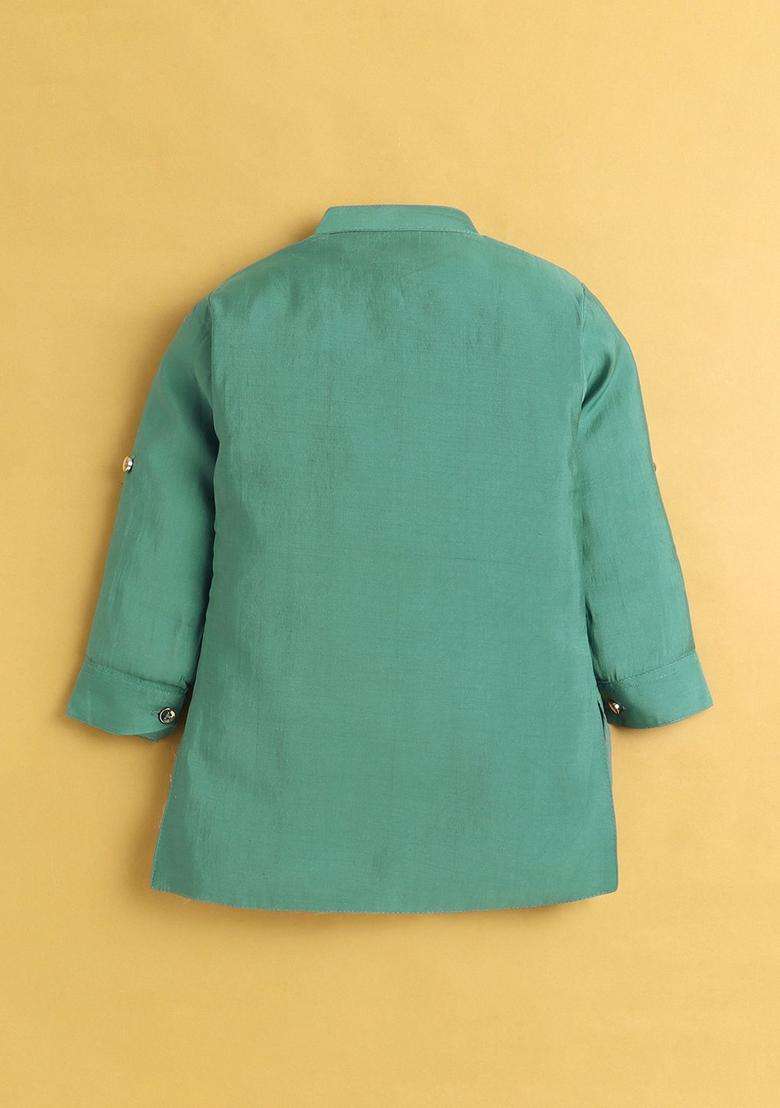 Turquoise Blue Solid Silk Kurta Set For Boys - Indya