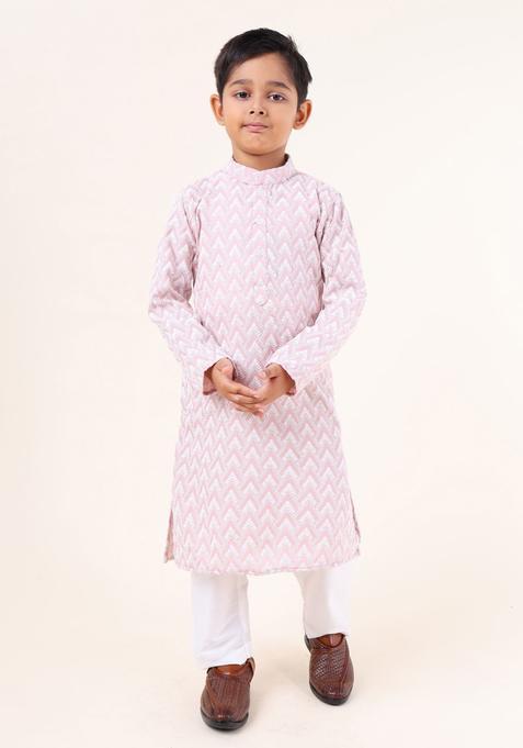 Pink Embroidered Cotton Kurta Set For Boys — view on Indya