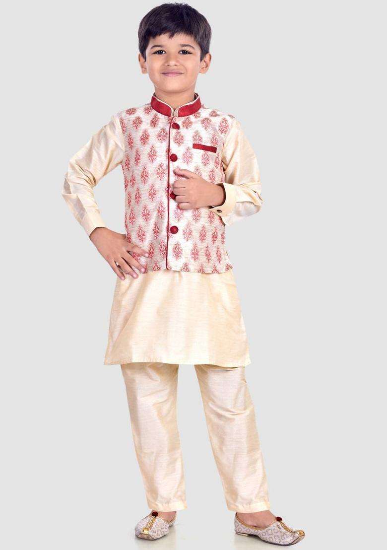 Gold Woven Design Cotton Kurta Set For Boys - Indya