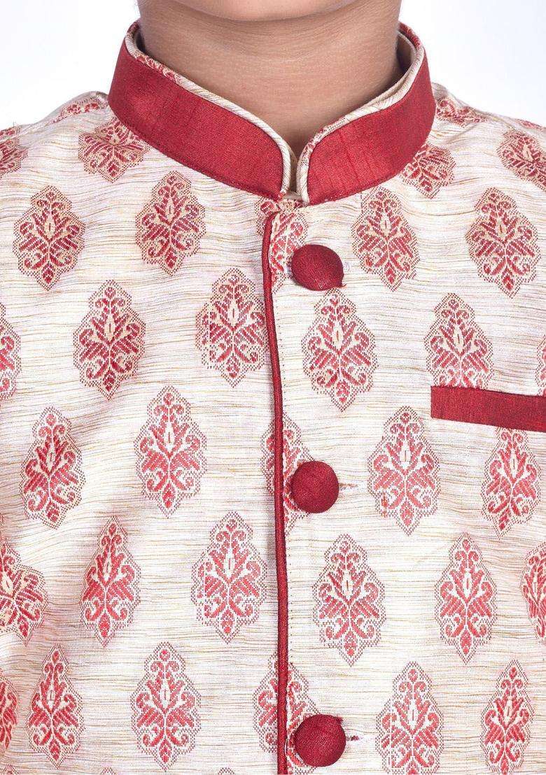 Gold Woven Design Cotton Kurta Set For Boys - Indya