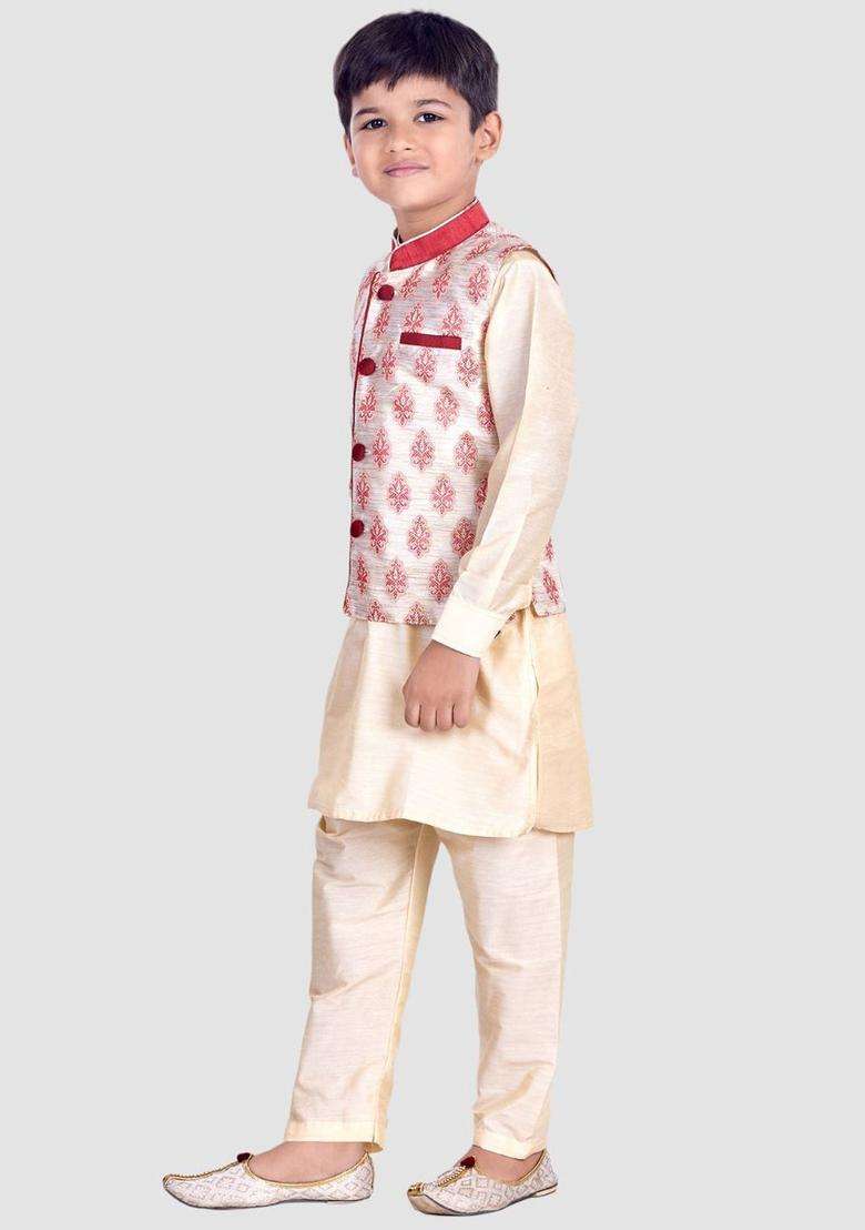 Gold Woven Design Cotton Kurta Set For Boys - Indya