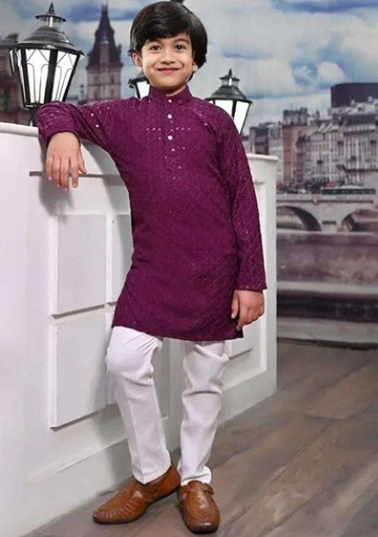 Burgundy Embroidered Cotton Kurta Set For Boys - Indya
