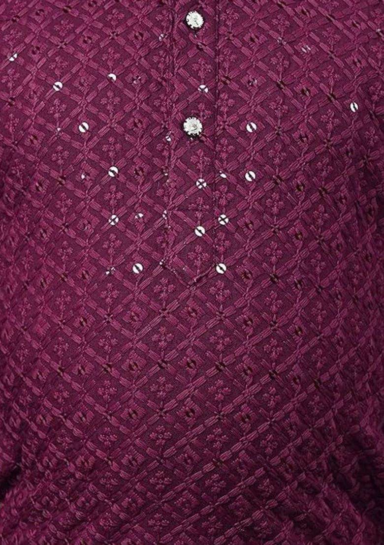 Burgundy Embroidered Cotton Kurta Set For Boys - Indya