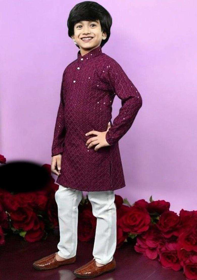 Burgundy Embroidered Cotton Kurta Set For Boys - Indya