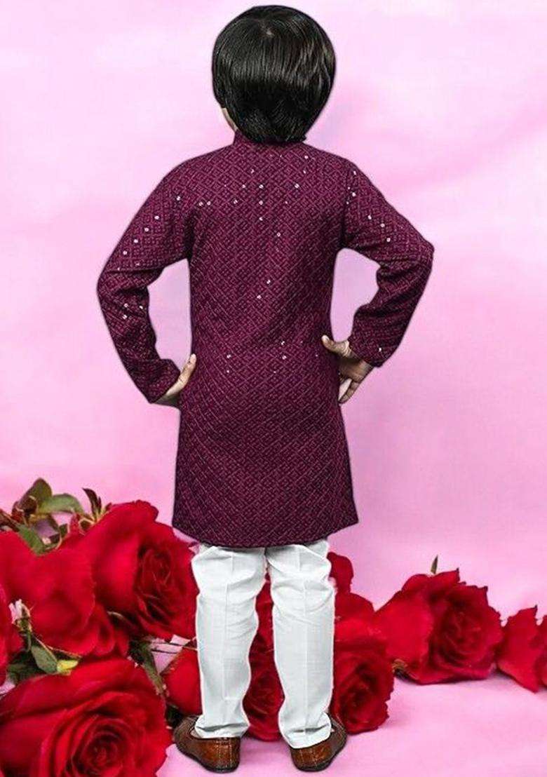 Burgundy Embroidered Cotton Kurta Set For Boys - Indya