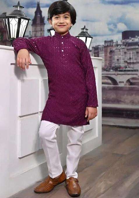 Burgundy Embroidered Cotton Kurta Set For Boys