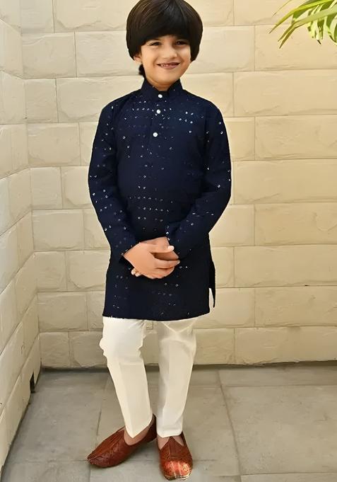 Navy Blue Embroidered Cotton Kurta Set For Boys — view on Indya