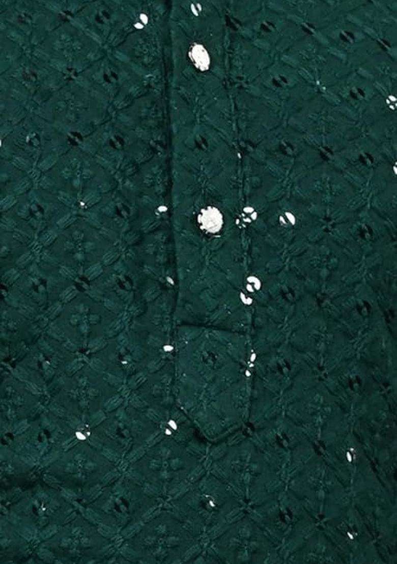 Green Embroidered Cotton Kurta Set For Boys - Indya