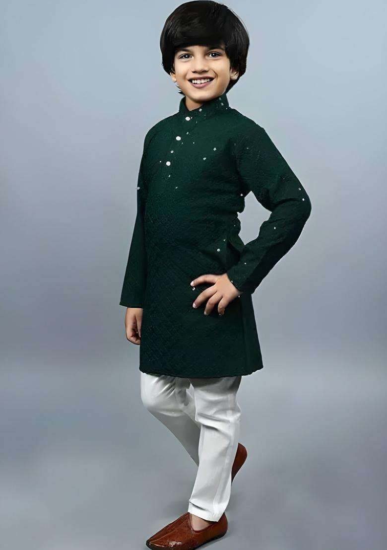 Green Embroidered Cotton Kurta Set For Boys - Indya
