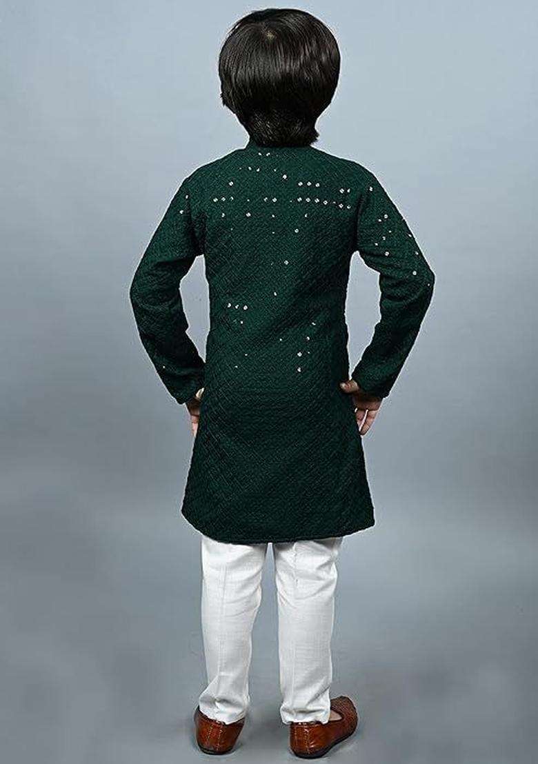 Green Embroidered Cotton Kurta Set For Boys - Indya