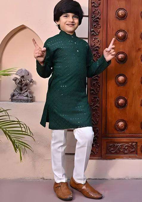 Green Embroidered Cotton Kurta Set For Boys