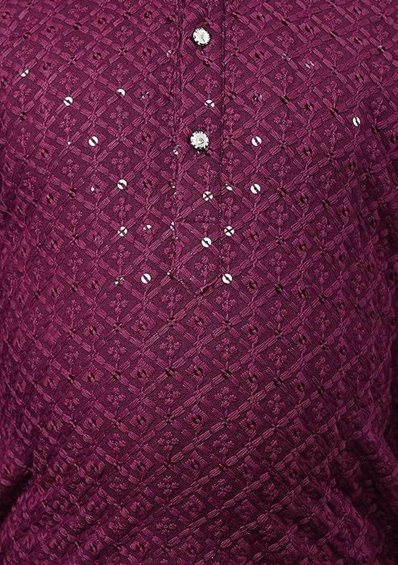 Burgundy Embroidered Cotton Kurta Set For Boys - Indya