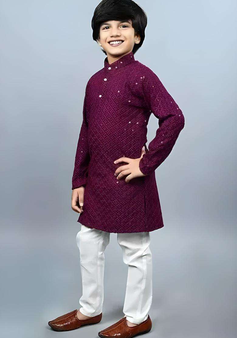 Burgundy Embroidered Cotton Kurta Set For Boys - Indya