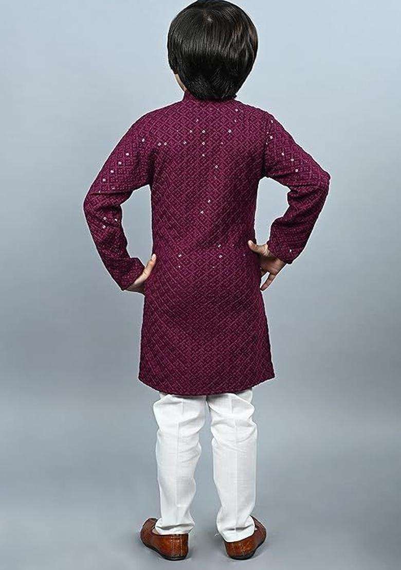 Burgundy Embroidered Cotton Kurta Set For Boys - Indya