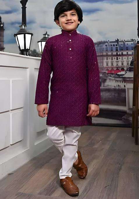 Burgundy Embroidered Cotton Kurta Set For Boys
