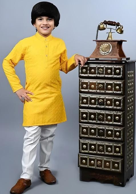Yellow Embroidered Cotton Kurta Set For Boys — view on Indya