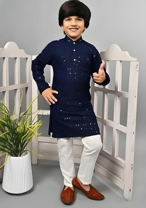 Navy Blue Embroidered Cotton Kurta Set For Boys — view on Indya