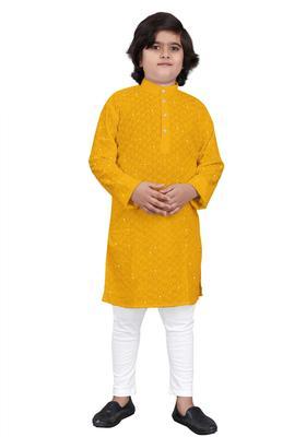 Yellow Embroidered Viscose Kurta Set For Boys