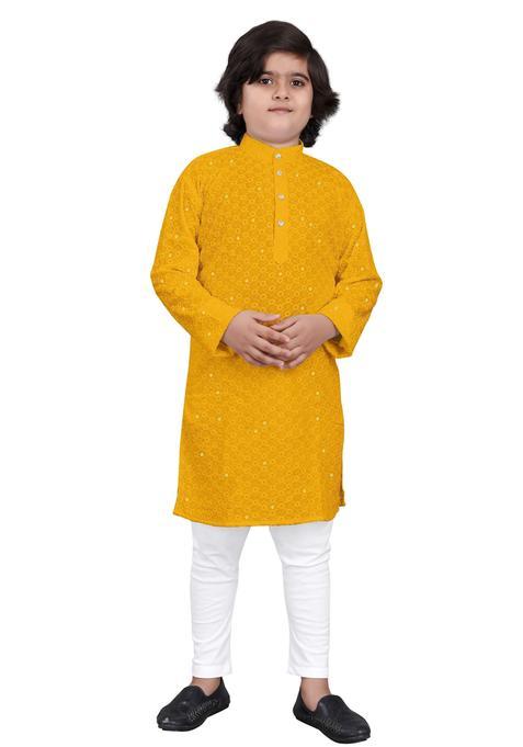 Yellow Embroidered Viscose Kurta Set For Boys — view on Indya