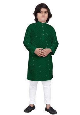 Green Embroidered Viscose Kurta Set For Boys