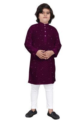 Purple Embroidered Viscose Kurta Set For Boys
