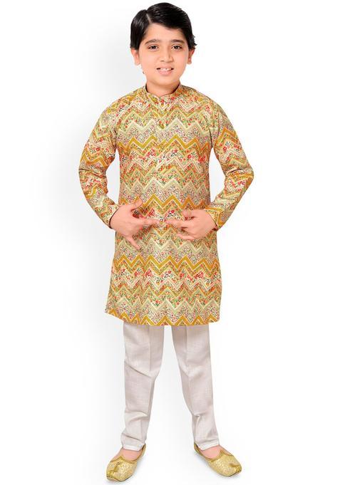 Yellow Printed Cotton Kurta Set For Boys — view on Indya