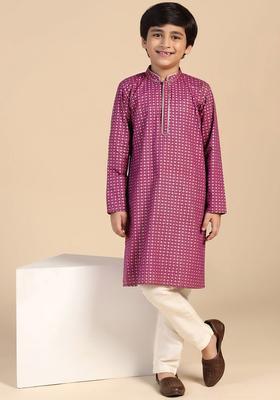 Pink Printed Cotton Kurta Set For Boys