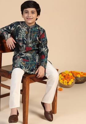 Navy Blue Printed Cotton Kurta Set For Boys