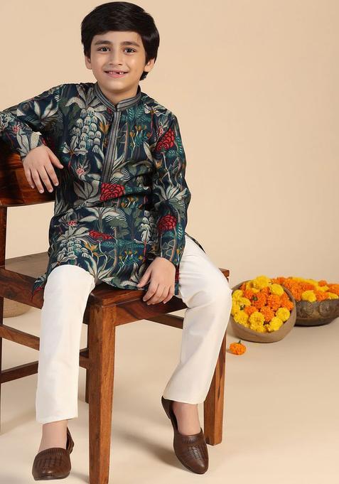 Navy Blue Printed Cotton Kurta Set For Boys — view on Indya