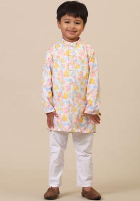 Peach Printed Cotton Kurta Set For Boys
