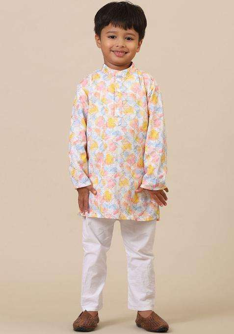 Peach Printed Cotton Kurta Set For Boys