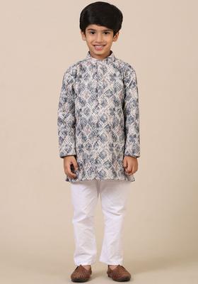 Grey Printed Cotton Kurta Set For Boys