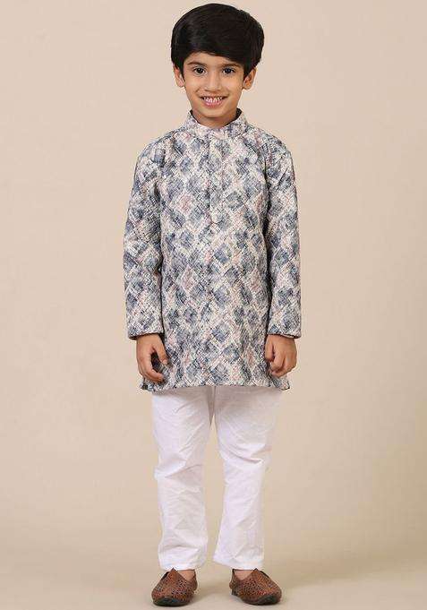Grey Printed Cotton Kurta Set For Boys