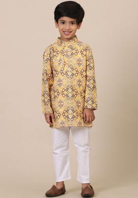 Mustard Printed Cotton Kurta Set For Boys