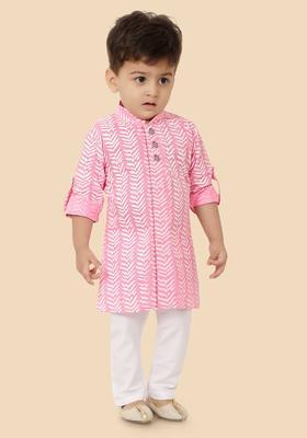 Pink Printed Cotton Kurta Set For Boys