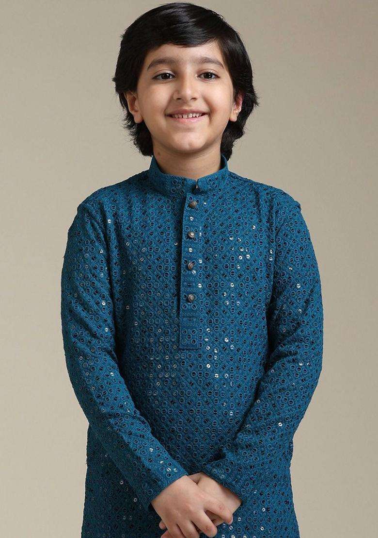 Teal Embroidered Viscose Kurta Set For Boys - Indya