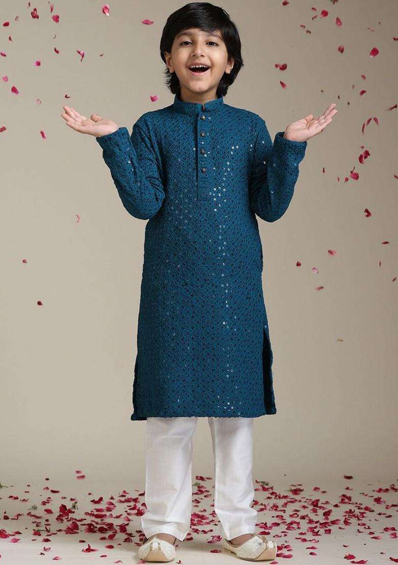 Teal Embroidered Viscose Kurta Set For Boys - Indya