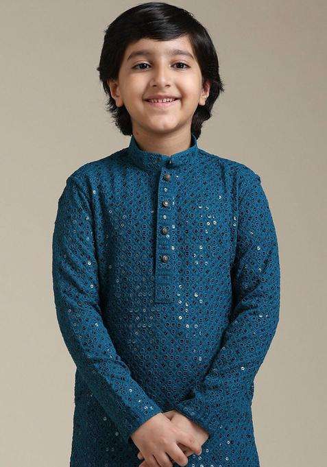 Teal Embroidered Viscose Kurta Set For Boys