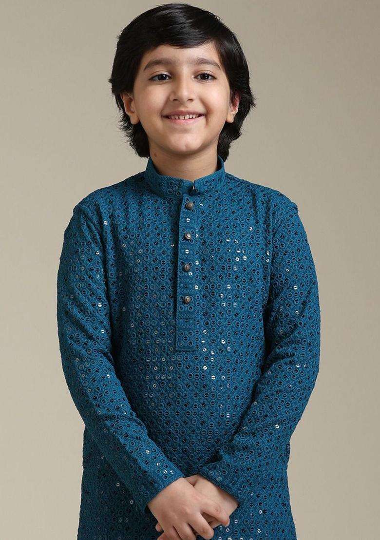 Teal Embroidered Viscose Kurta Set For Boys - Indya